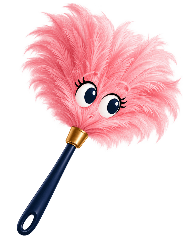 The Solutions Services Habitat mascot: a smiling pink feather duster with a navy handle
